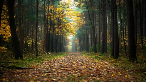 Autumn Forest Canopy with Golden Foliage and Tree-Lined Path.