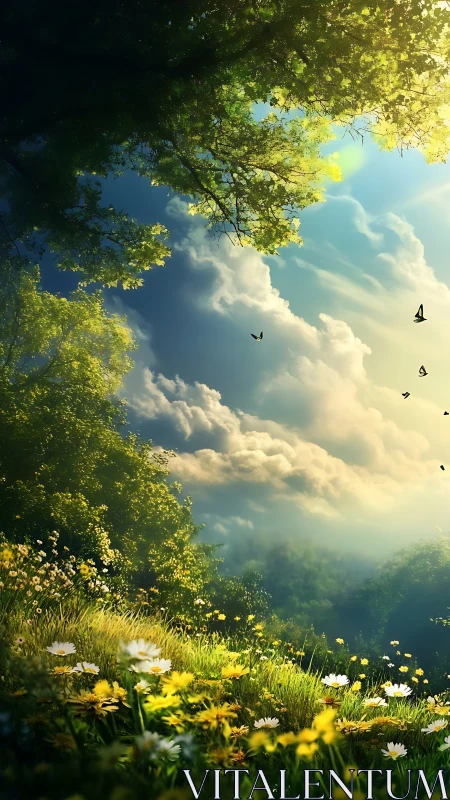 Sunlit wildflower meadow under cumulus cloudscape and canopy