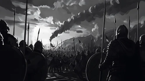 Twilight march of armored warriors toward distant battle.