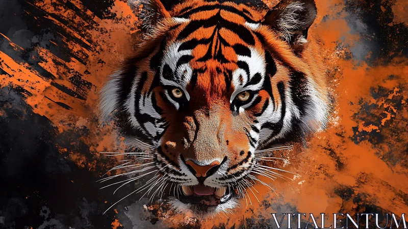 Chromatic vector tiger head in explosive pigment cloud focus.