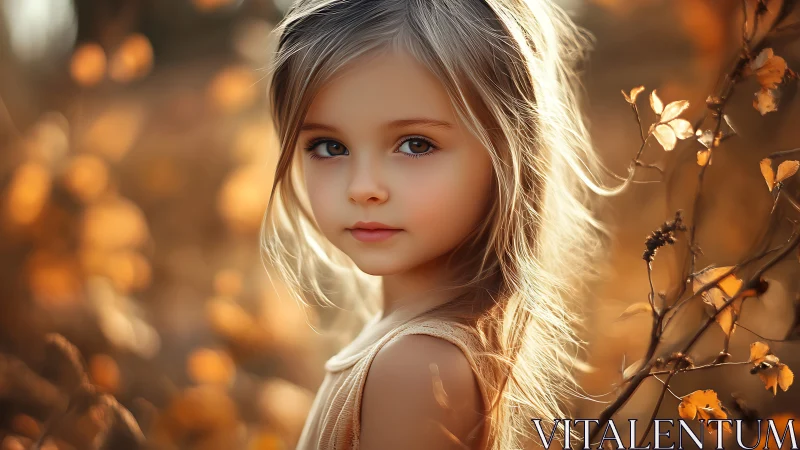 Young girl in golden autumn light with dried flowers.