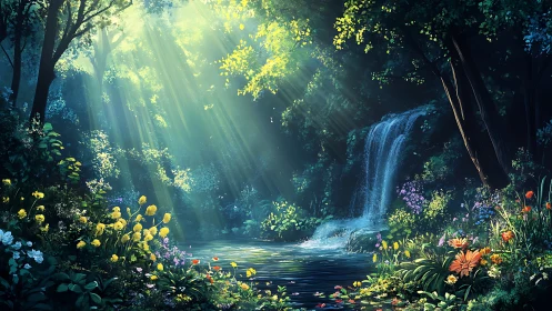 Sunbeams orchestrate a secret waterfall garden symphony