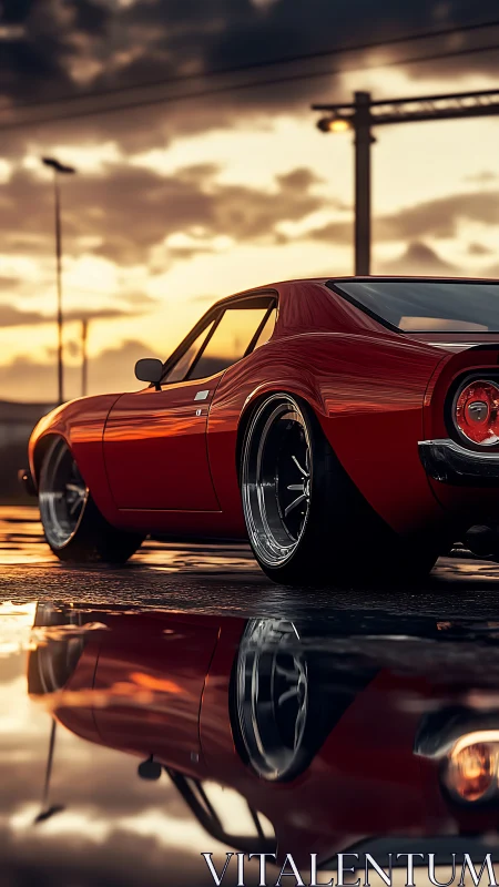 Low-slung red muscle car at wet sunset parking lot.