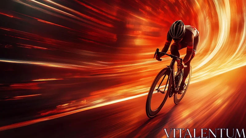 Cyclist bending light in a molten tunnel of racing fire.