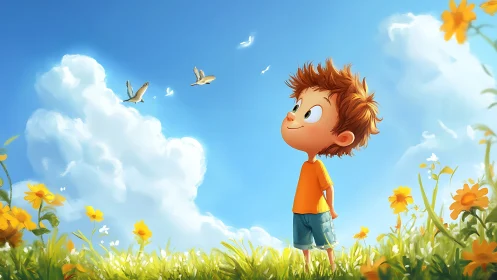 Child stands in flower field observing flying birds closely