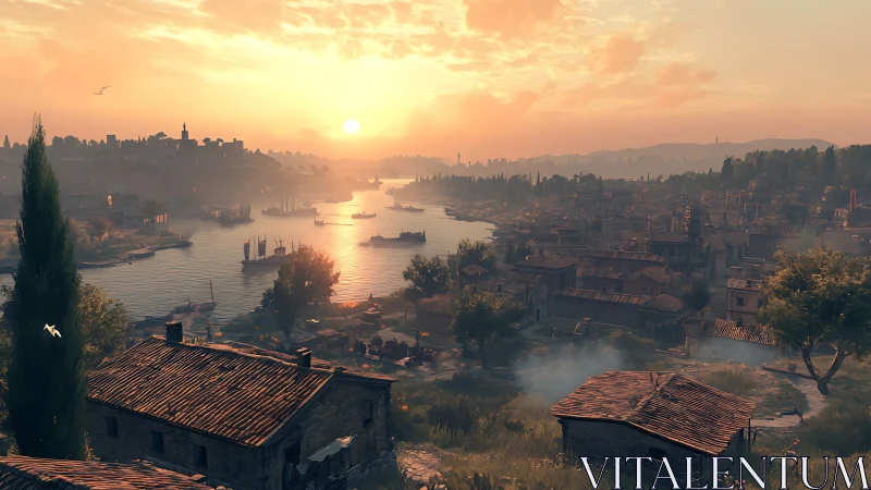 Sunlit harbor cityscape overlooks calm bay at golden sunrise