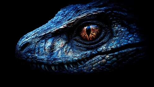 Intense close-up of blue reptilian head and glowing eye.