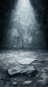 Isolated concrete chamber with overhead spotlight and eroded floor