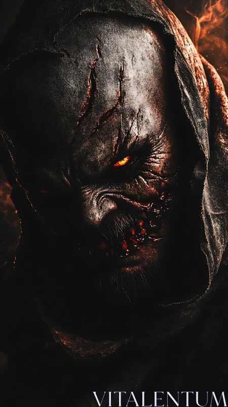 Hooded demon emerges from darkness with burning molten gaze