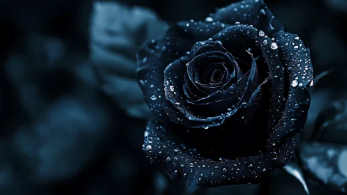 Midnight blue rose macro with dewdrops in soft focus.