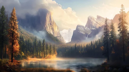 Mountain lake valley with pine forest in warm morning light.