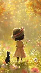 Girl and black cat standing in sunlit flower meadow.