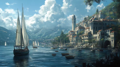 Sunlit harbor town with sailing boats under dramatic cumulus sky