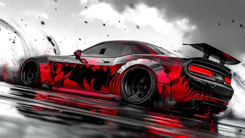 Drifting muscle car with red black livery on wet track.