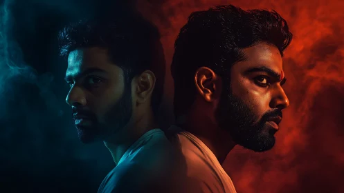 Moody dual portrait glowing in cool blue and warm red light.