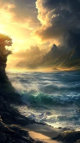 Dramatic rocky coastline under golden storm clouds at dusk.