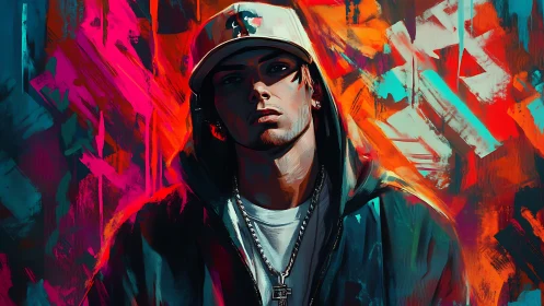 Urban portrait of hooded man against neon graffiti wall.