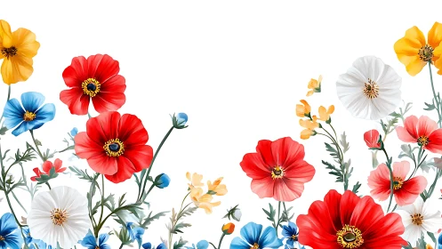 Botanical illustration displaying layered polychromatic florals with detailed stamen anatomies acros