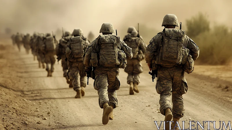 Dusty road march with soldiers moving in shared resolve.