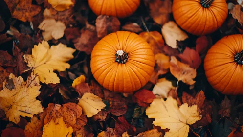 Photographic autumn still life with pumpkins and foliage.