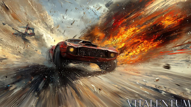 Firestorm muscle car outruns a sky of shrapnel and flame.