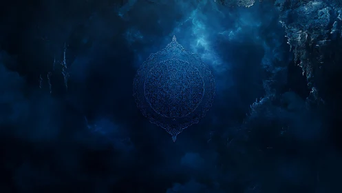 Mystic blue mandala floats gently in a deep celestial sky