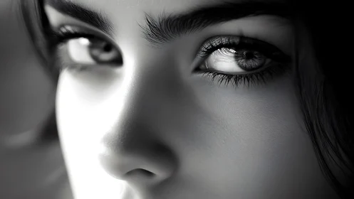 Monochrome macro portrait isolates high-contrast reflective eyes