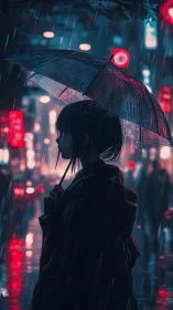 Solitary anime girl stands beneath neon rain-soaked umbrella.