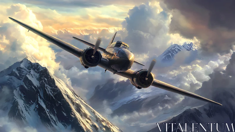 Twin engine propeller aircraft flies over snowy mountains