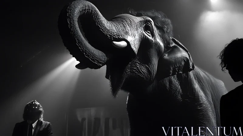 Elephant stands under stage lights between two human figures