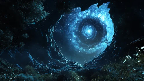 Spiral galaxy vortex illuminates rocky forest cave opening