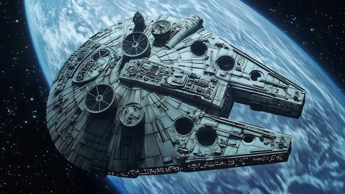 Detailed sci fi spaceship orbiting blue planet in space.