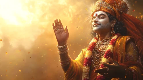 Sunlit devotion rises as jeweled saint greets the golden sky