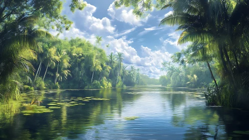 Sunlit tropical river drifts through lush emerald jungle