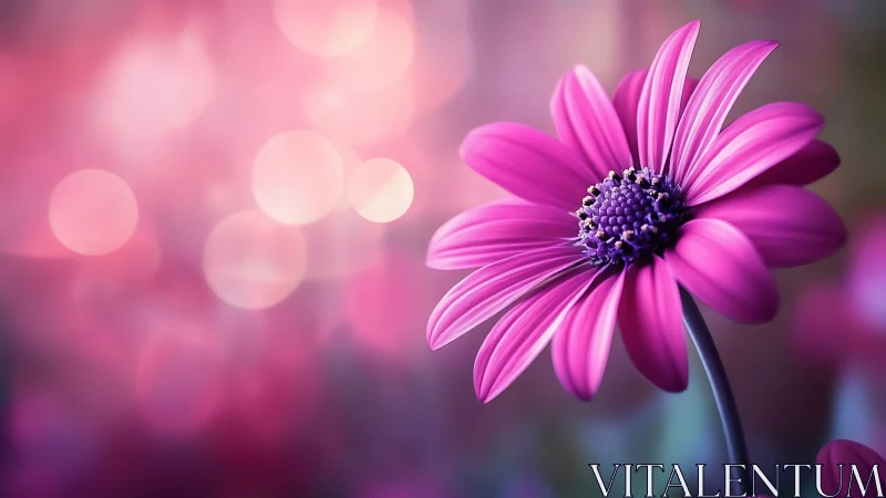 Magenta Daisy with Purple Center Against Blurred Pink Background.