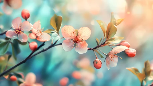 Delicate cherry blossoms blooming on branch with spring buds.