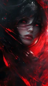 Crimson-eyed dark siren emerging through liquid shadowfire.