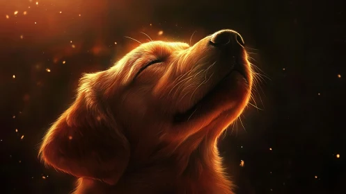 Golden dog in warm glowing light, eyes closed in quiet joy.