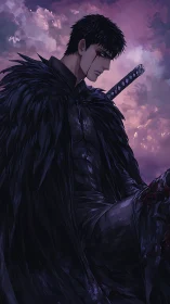 Brooding dark swordsman under stormlit violet sky.