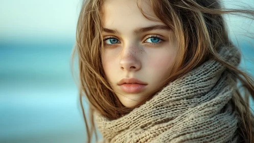 Young female portrait with blue eyes against blurred coastal background.