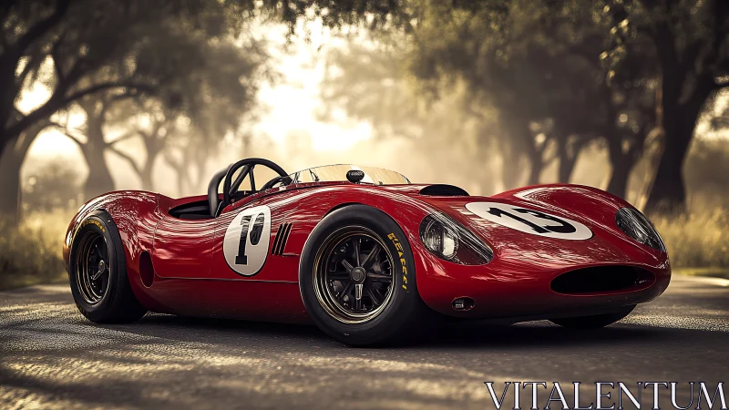 Red vintage race car is parked on a sunlit forest road