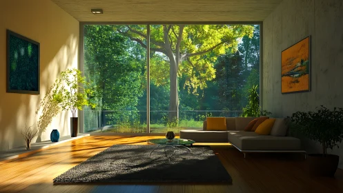 Sunlit modern living room opens onto lush green forest