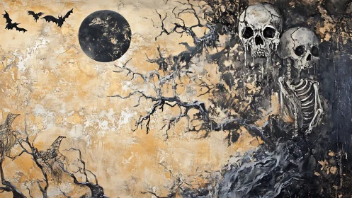 Skulls in decayed forest under cracked blackened moon.