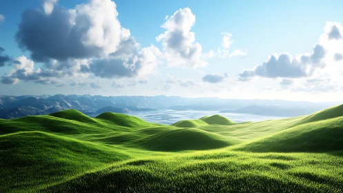 Sunlit rolling green hills with distant alpine lake horizon.