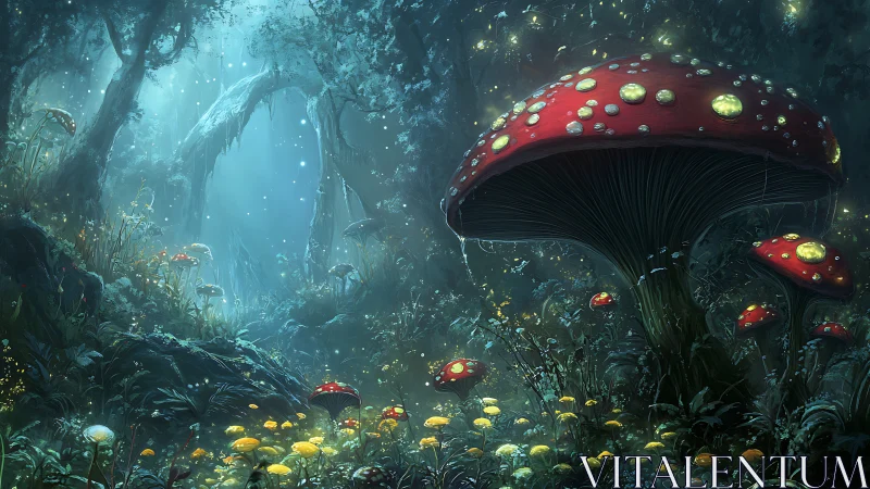 Moonlit mushrooms host a secret lantern festival in foggy woods