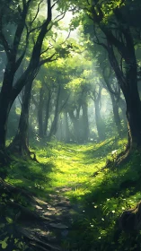 Enchanted Forest Path Bathed in Golden Woodland Light