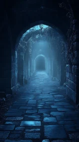 Moonlit stone corridor recedes into a mysterious blue haze