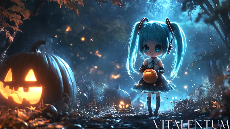 Moonlit chibi girl wandering through a glowing pumpkin path.