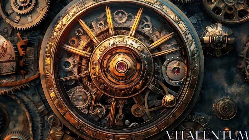 Steampunk clockwork core radiates intricate mechanical detail.