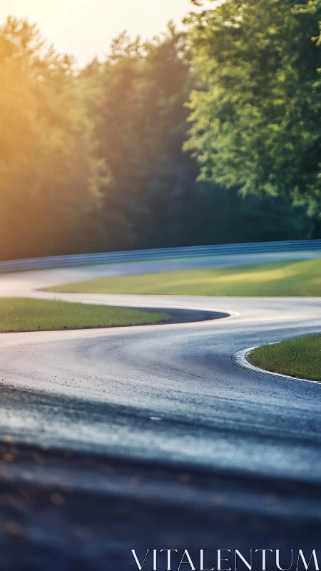 Sunlit winding road curves gently through quiet green forest